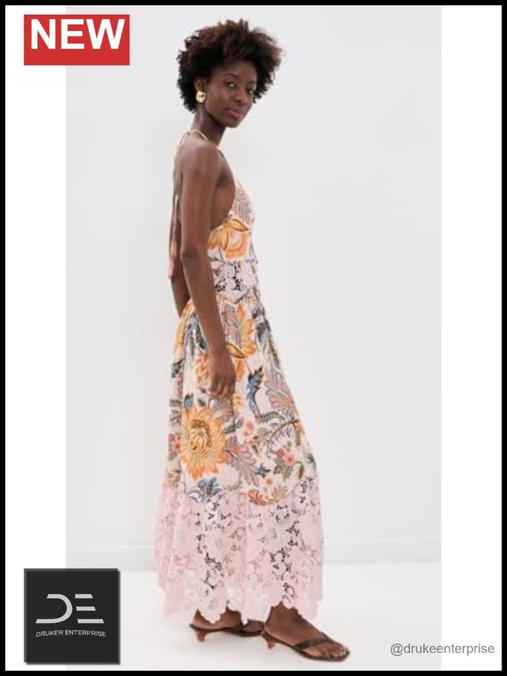Linen Maxi Dress with Lace Details Halter Beaded Straps - Picture 3 of 5